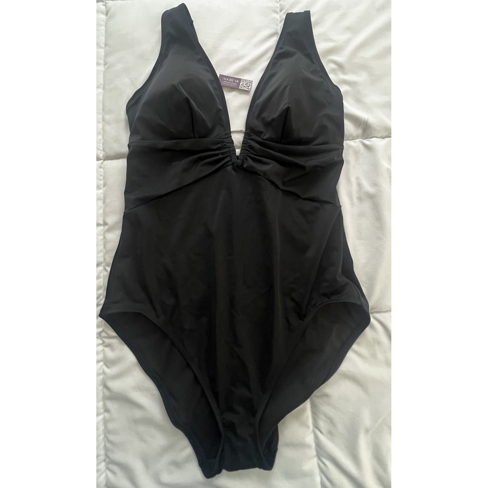 Adore Me 1X Black One Piece Swimsuit NWT Plus Size Deep V Ruched Tummy Control